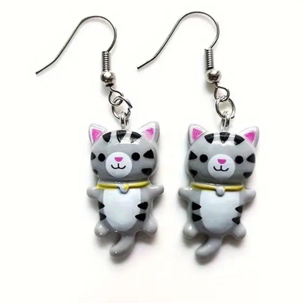 Gray & Black Cat Dangle Earrings
